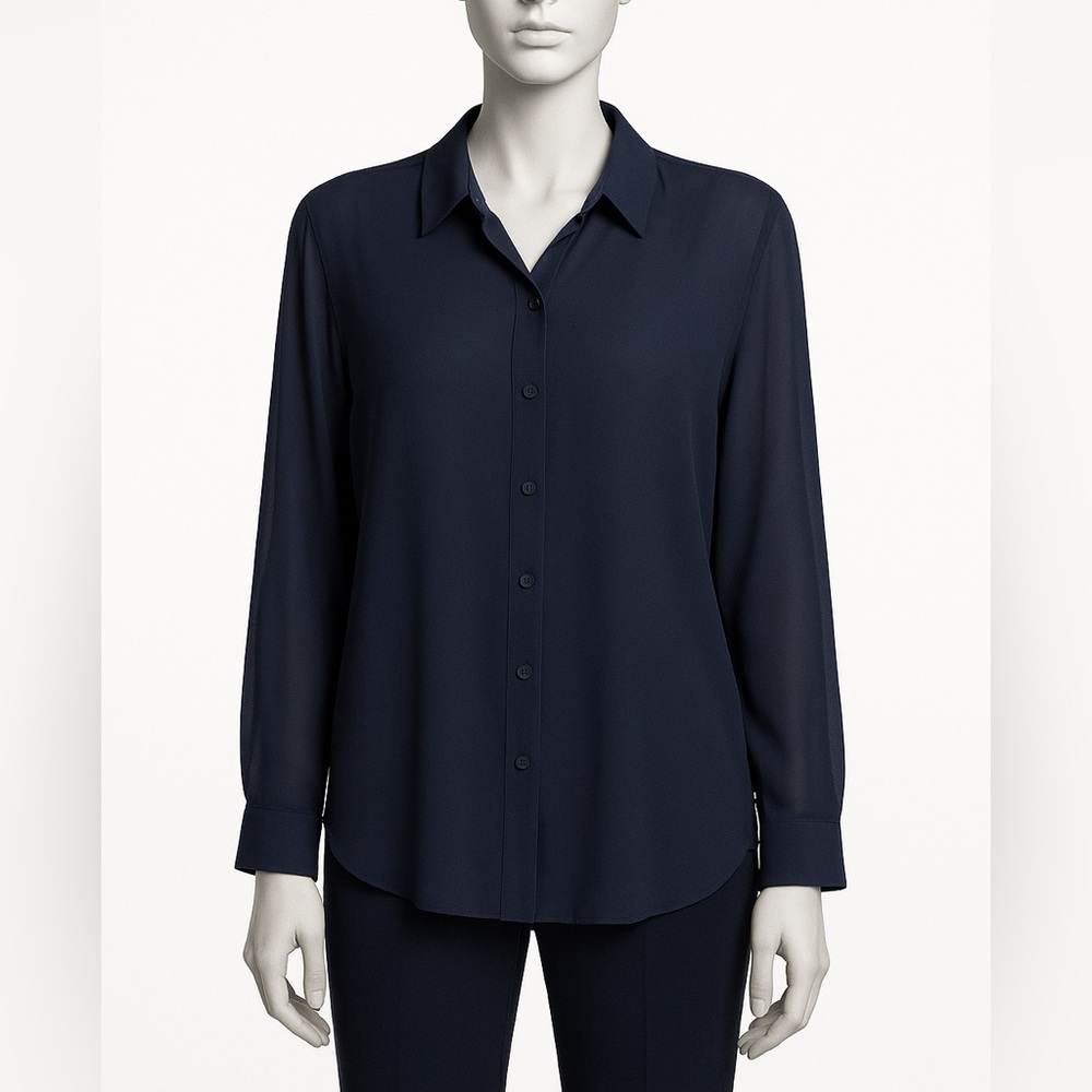 Theyskens' Theory Navy Blue Sheer Button Front Shirttail Blouse size 0